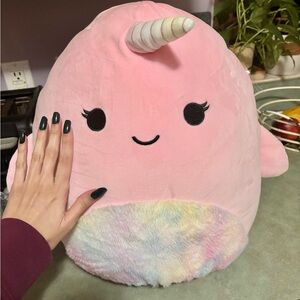 Plush Pink Narwhal Stuffed Animal with Rainbow Belly